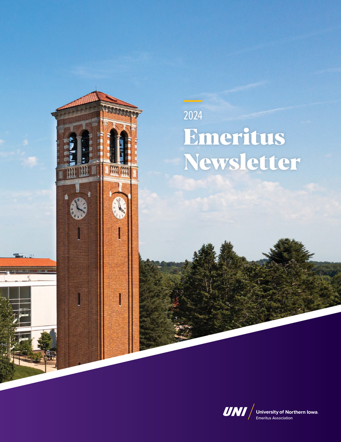 The cover of the 2024 Emeritus Newsletter with a picture of UNI's Campanile and the UNI Emeritus Association logo